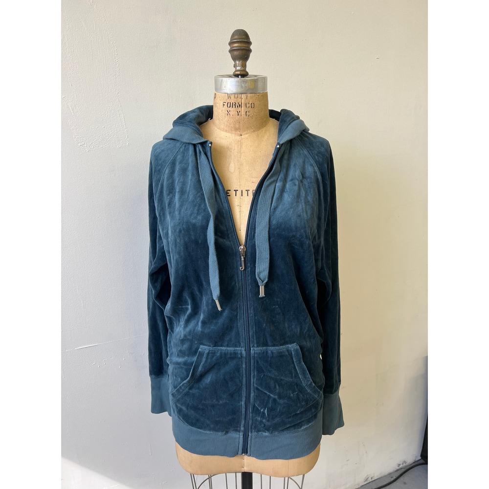 Juicy Couture Velour Zip Up Hoodie Teal Blue Y2K J Pull Medium 12827